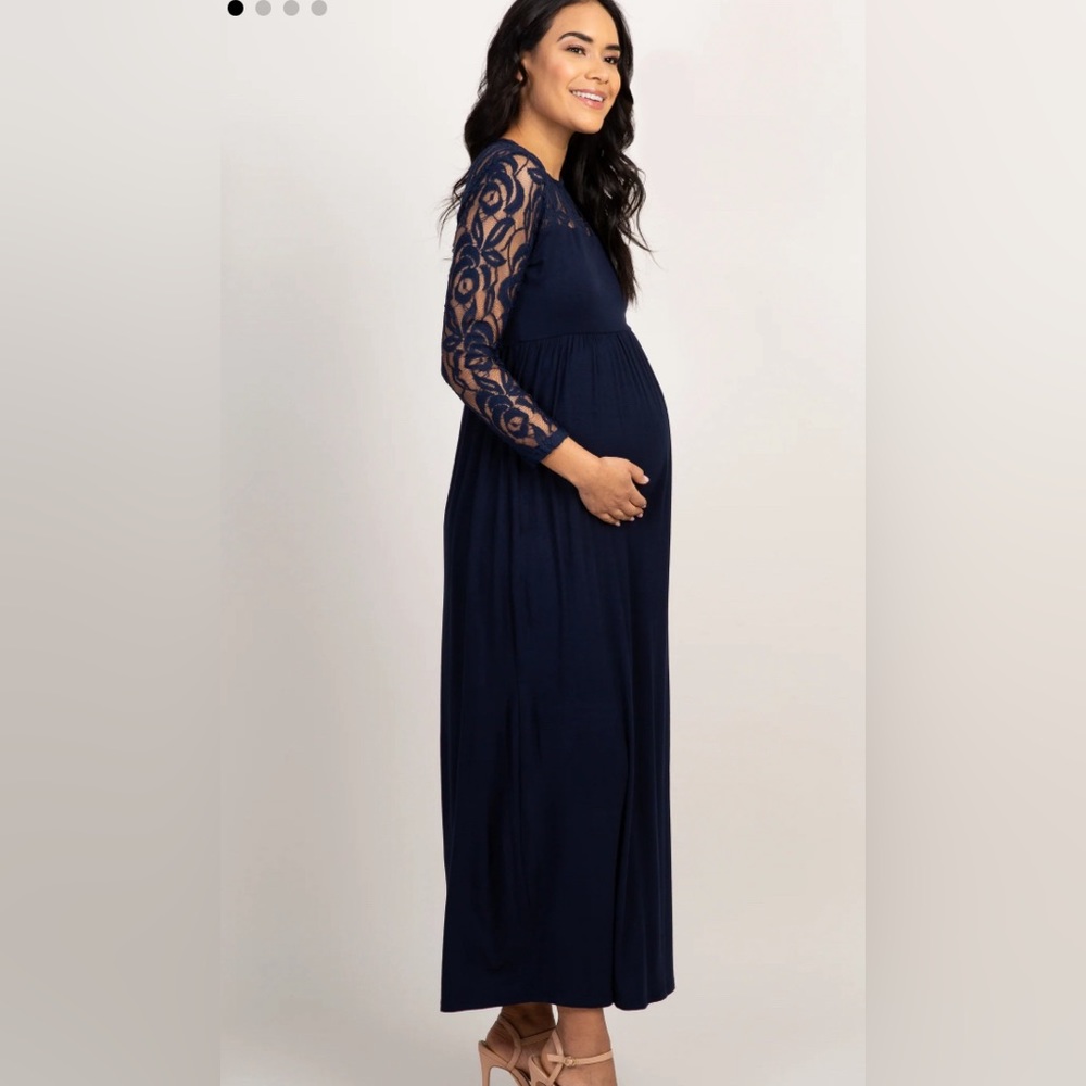 Pinkblush Navy Blue Lace Sleeve Maternity Maxi Dress Size M